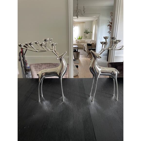 Set of 2 Pottery Barn Silver Reindeer 20” Candle Holder Christmas Décor Holiday - Picture 15 of 16